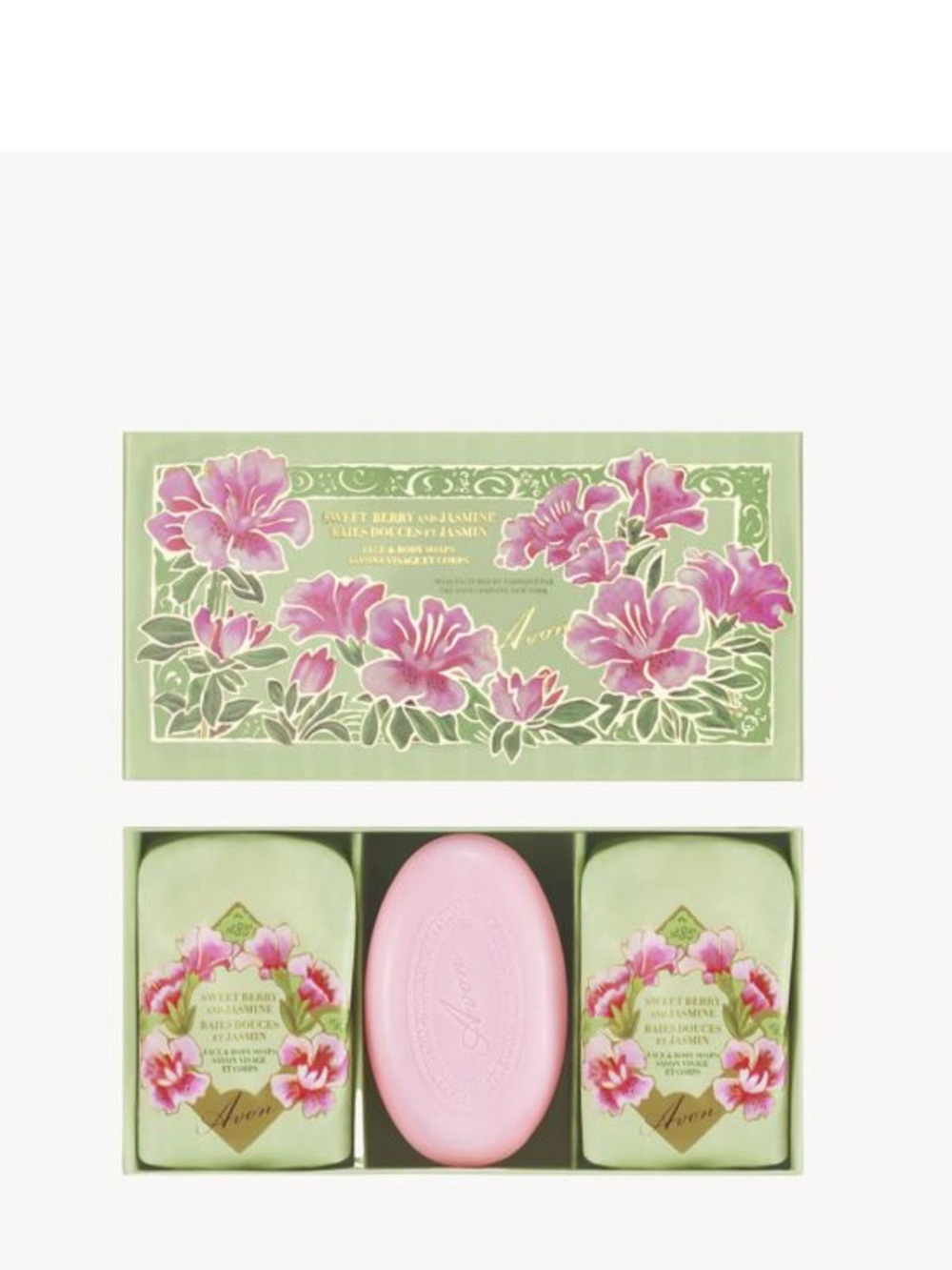 Avon Sweet Berry & Jasmine Soap Trio — Pink and Green Floral Set